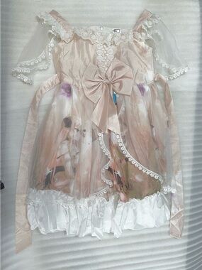 Anime Printed Pink and White Girls' Lace Bow Party Dress
